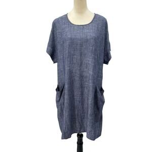 52Seven Linen Blend Deep Blue Chambray Drape Patch Pockets Casual Shift Dress